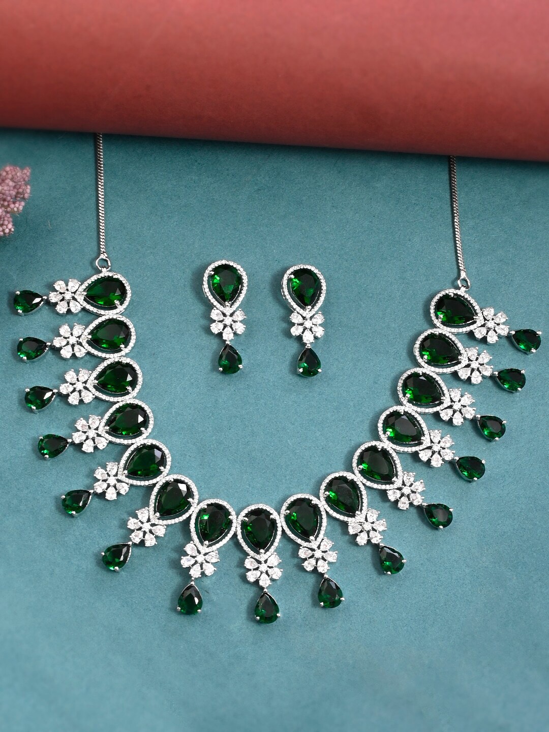 

Voylla Rhodium-Plated Silver-Toned CZ Studded Jewellery Set