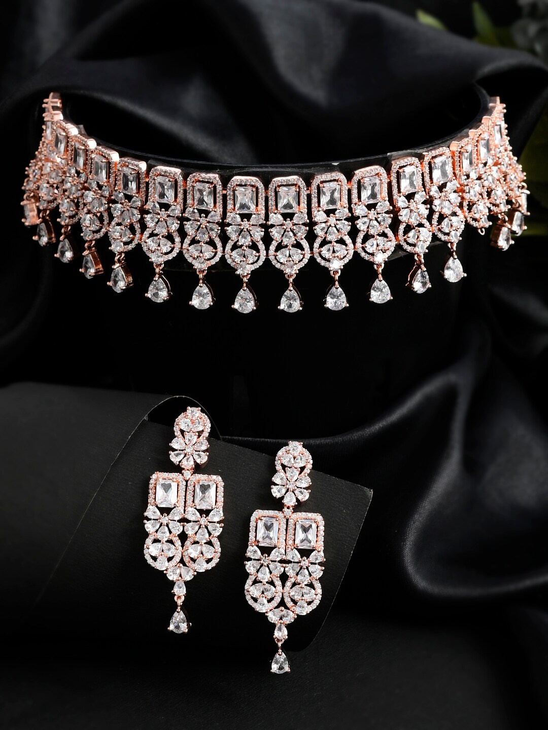 

Voylla Women Rose Gold-Plated White CZ Stone-Studded Jewellery Set