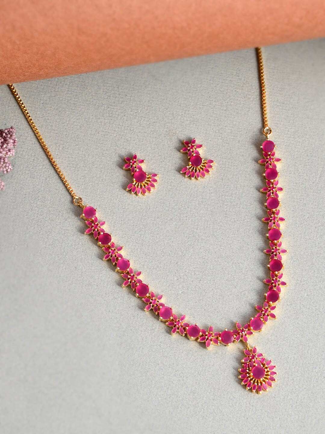 

Voylla Women Gold-Plated Cubic Zirconia Stone Studded Jewellery Set, Pink