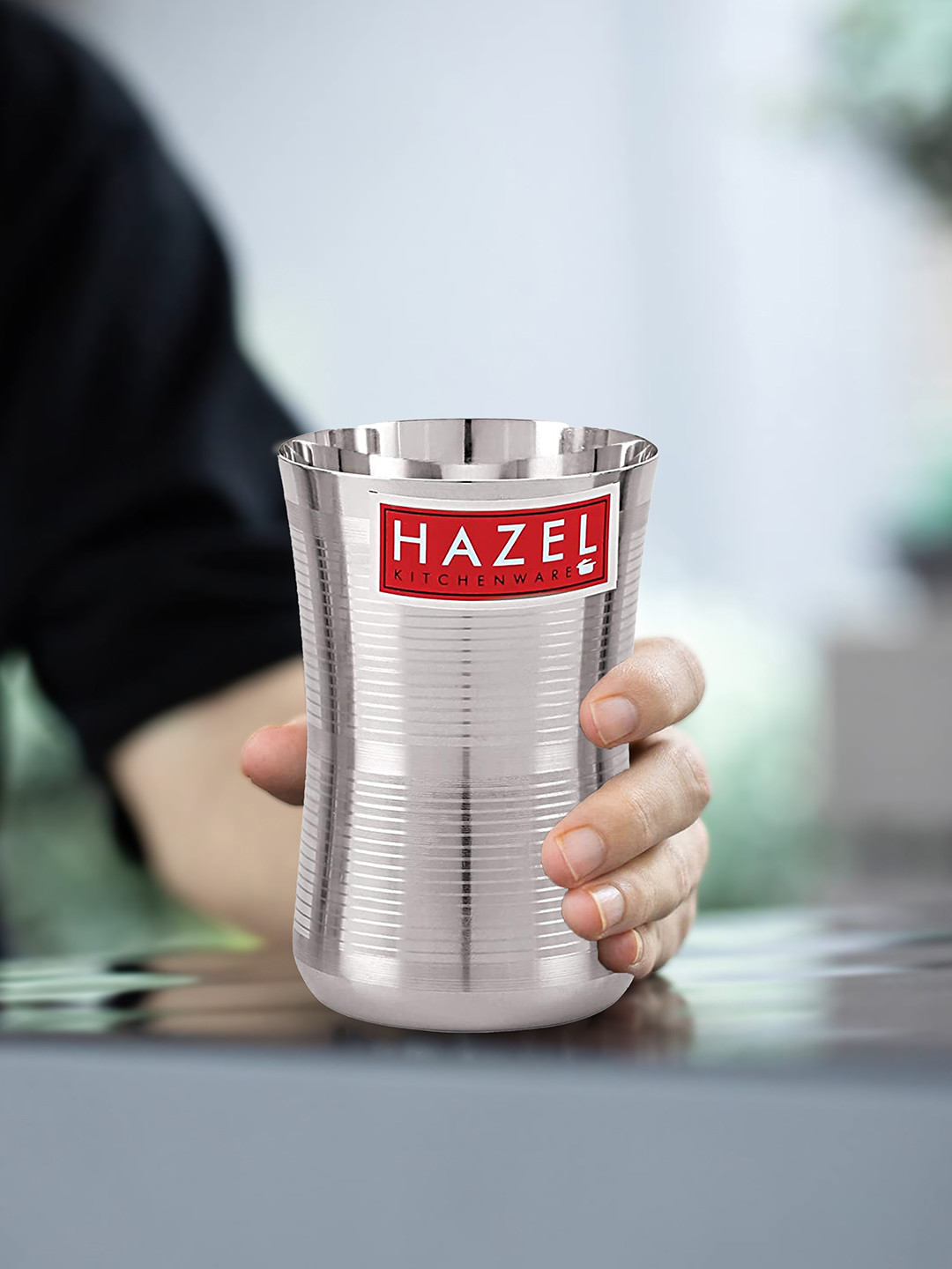 

HAZEL Set Of 3 Striped Stainless Steel Lassi Glass 650 ML, Silver