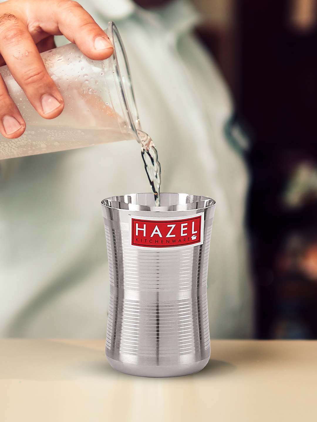 

HAZEL Set Of 4 Striped Stainless Steel Damru Shape Jumbo Lassi Glass 650 ML, Silver