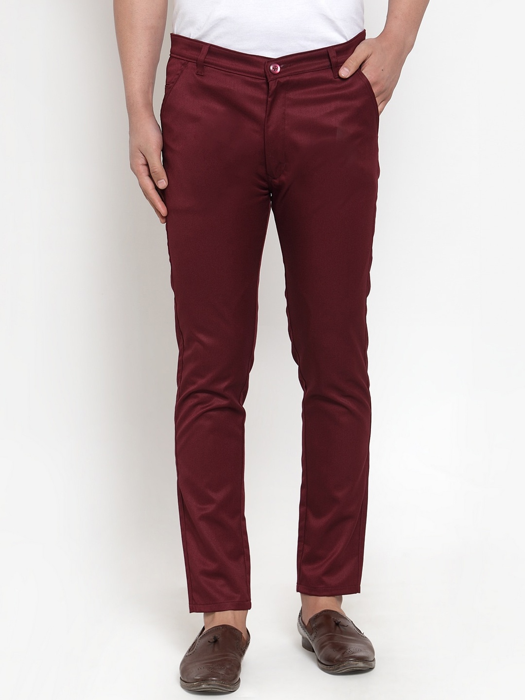 

JAINISH Men Smart Tapered Fit Cotton Easy Wash Trousers, Maroon