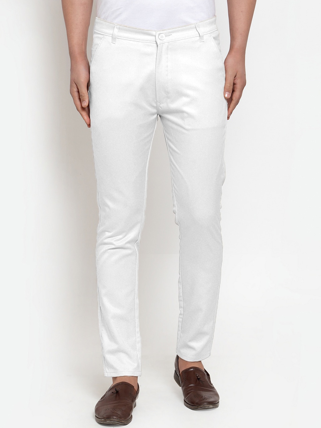 

JAINISH Men White Smart Tapered Fit Cotton Easy Wash Trousers