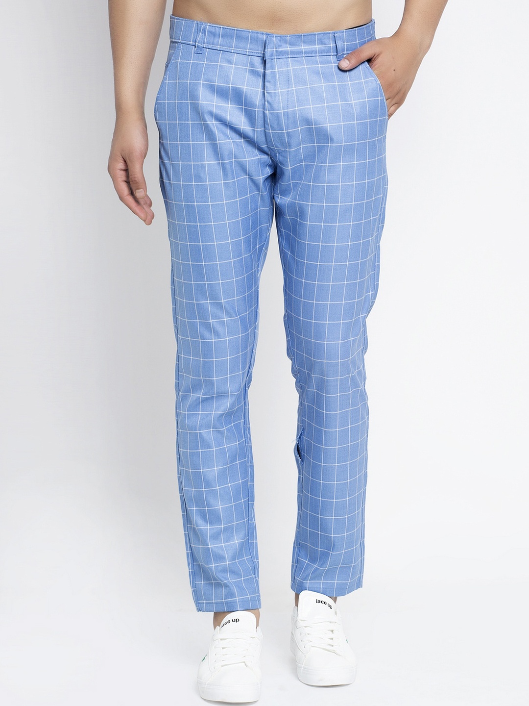 

JAINISH Men Blue Checked Smart Tapered Fit Cotton Easy Wash Trousers