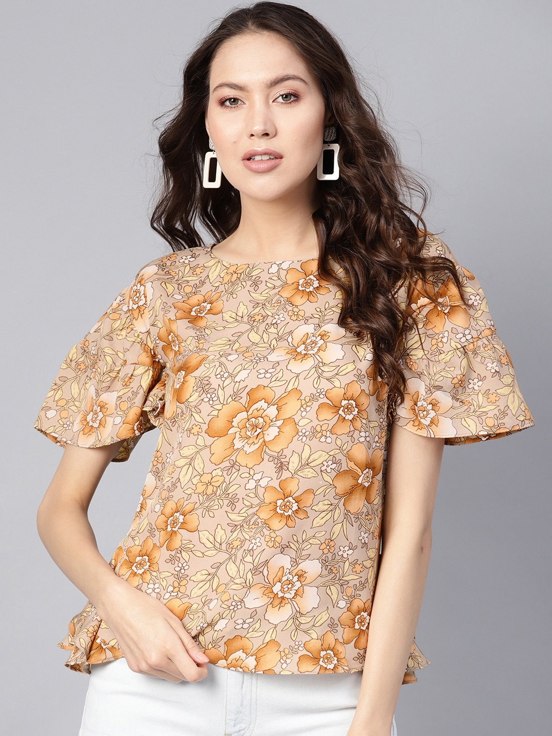 

Ives Floral Print Crepe Top, Beige