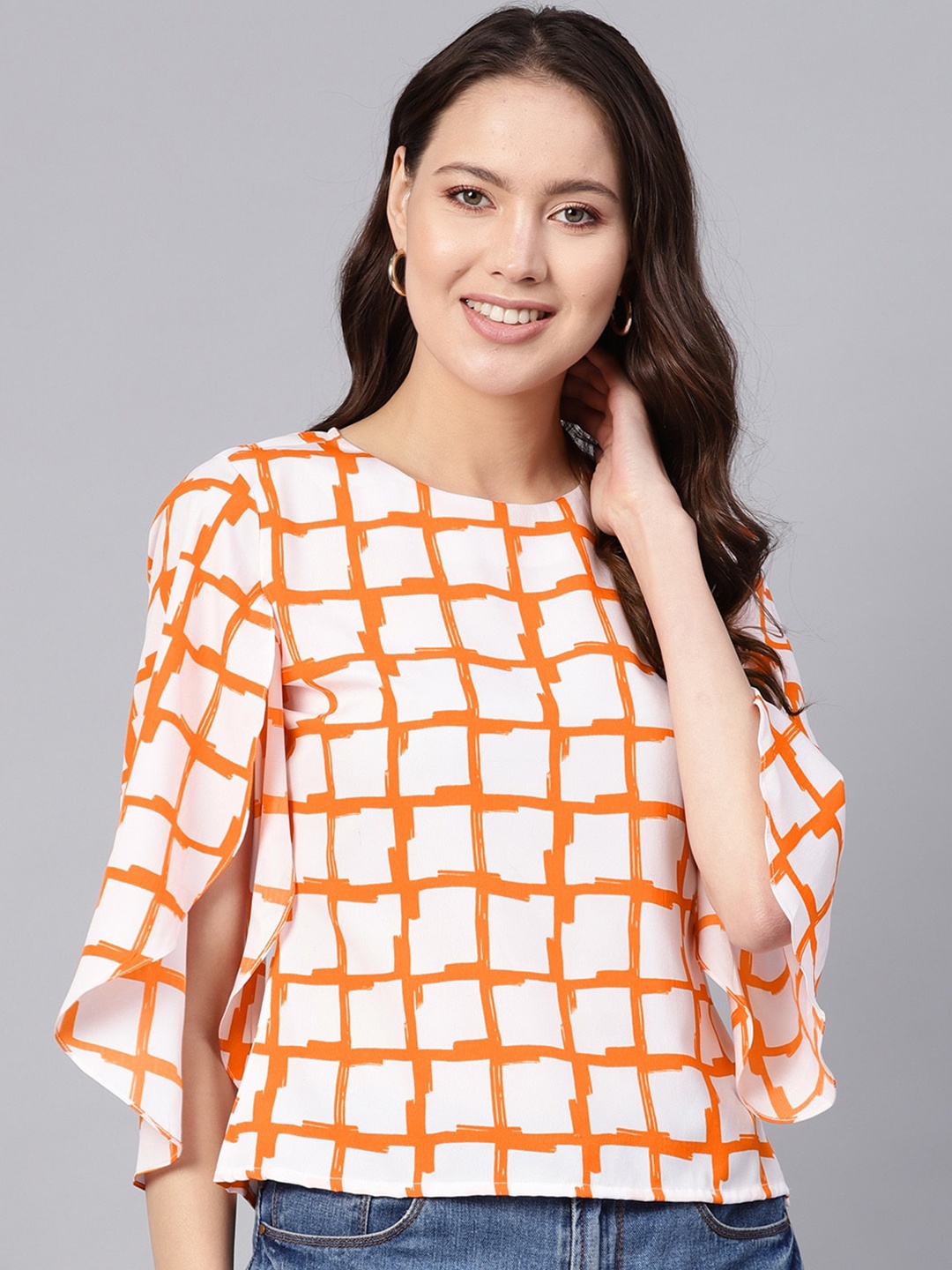 

Ives White & Orange Checked Crepe Top