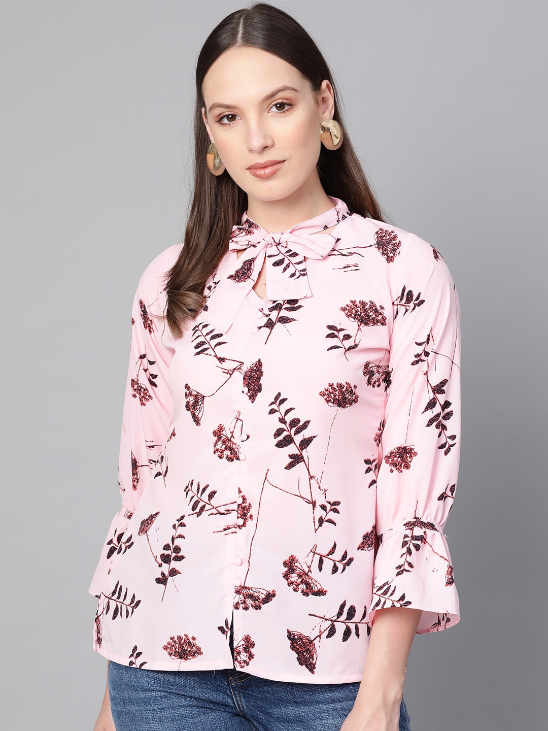 

Ives Floral Print Tie-Up Neck Crepe Top, Pink