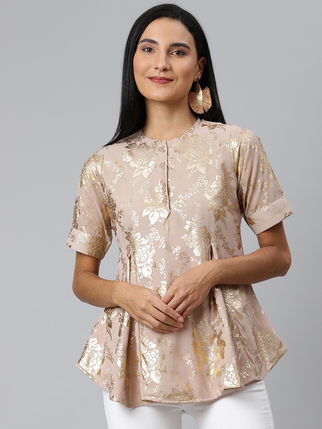 

Ives Floral Print Georgette Peplum Top, Beige