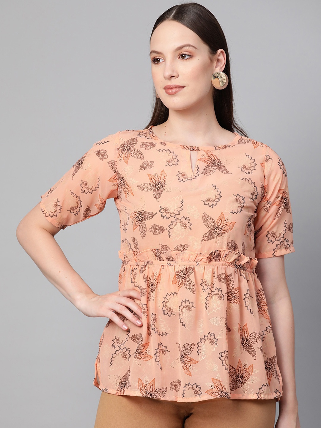 

Ives Floral Print Keyhole Neck Georgette Cinched Waist Top, Peach