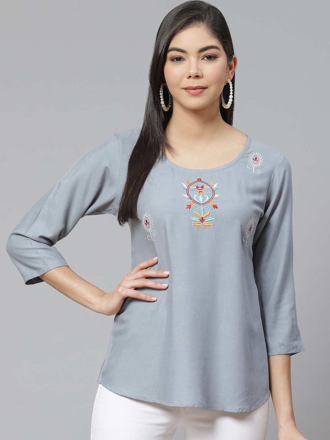 

Ives Grey Pure Cotton Embroidered Top