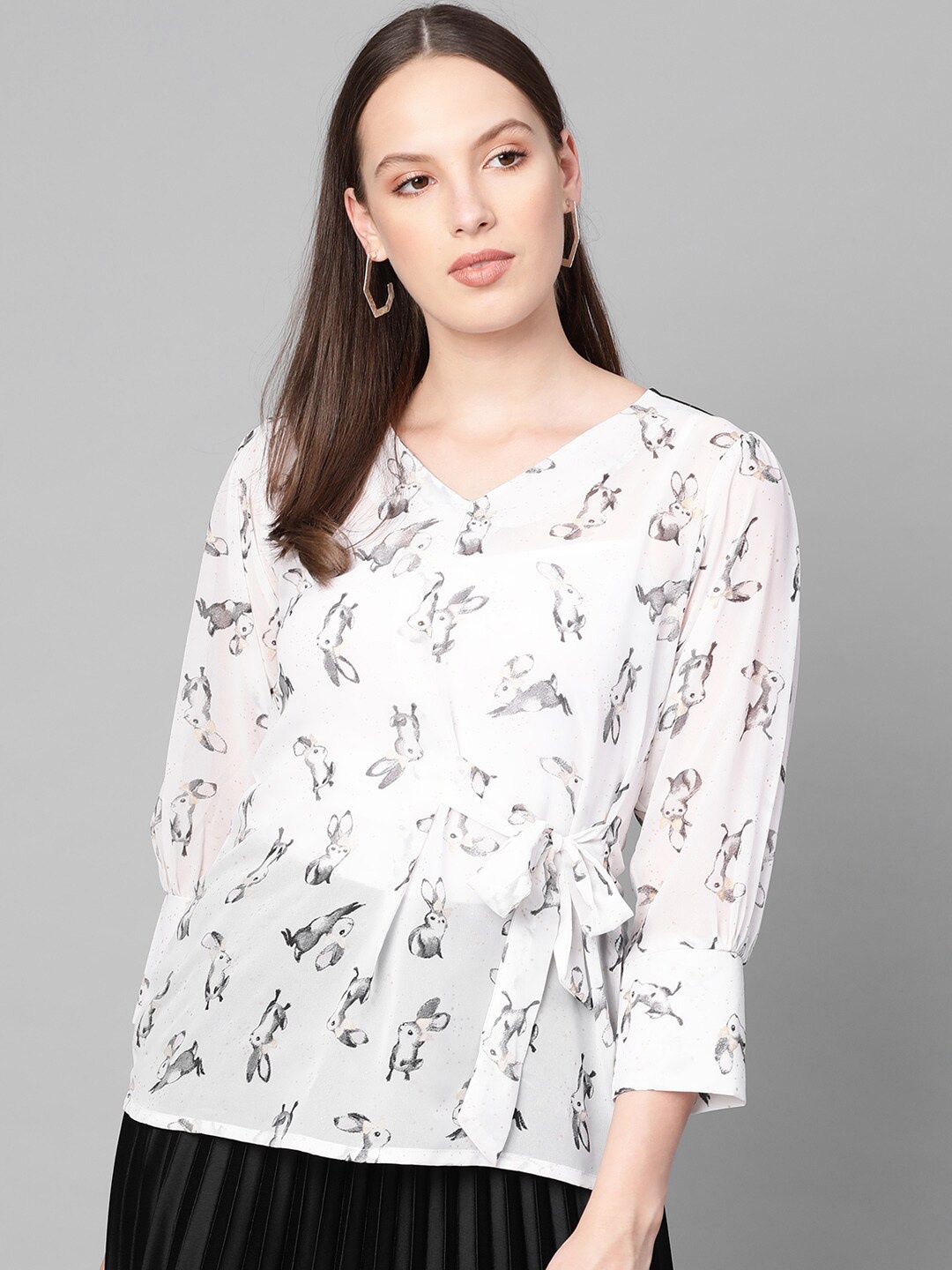 

Ives Print Georgette Cinched Waist Top, White