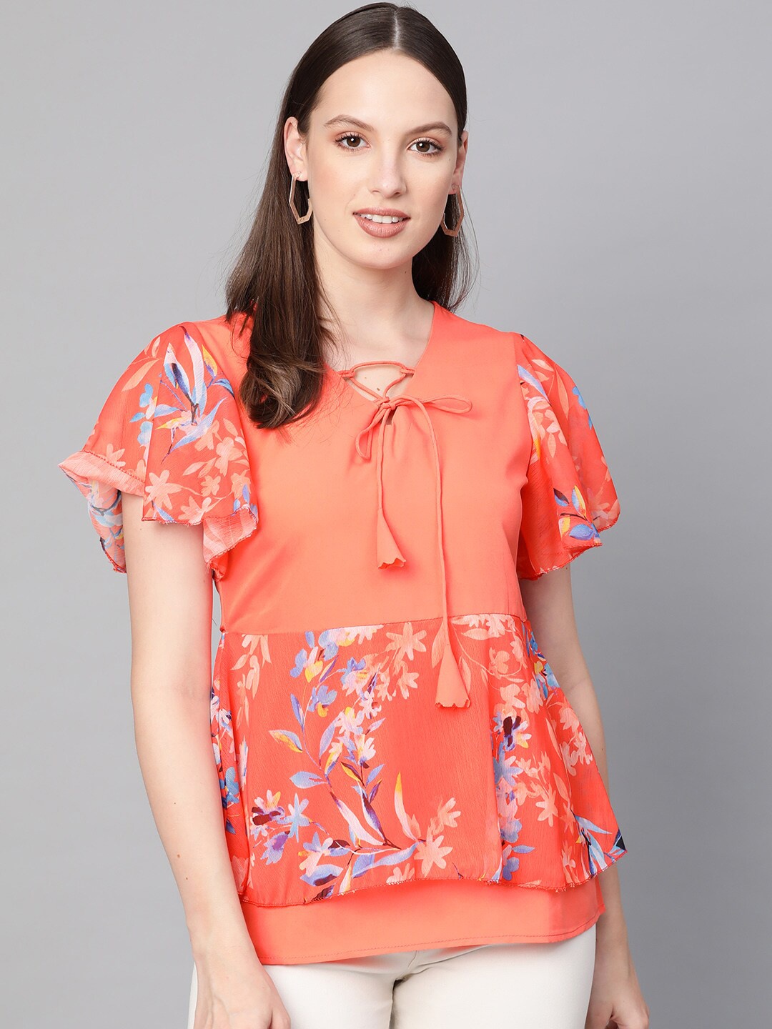 

Ives Floral Print Tie-Up Neck Layered Crepe Top, Coral