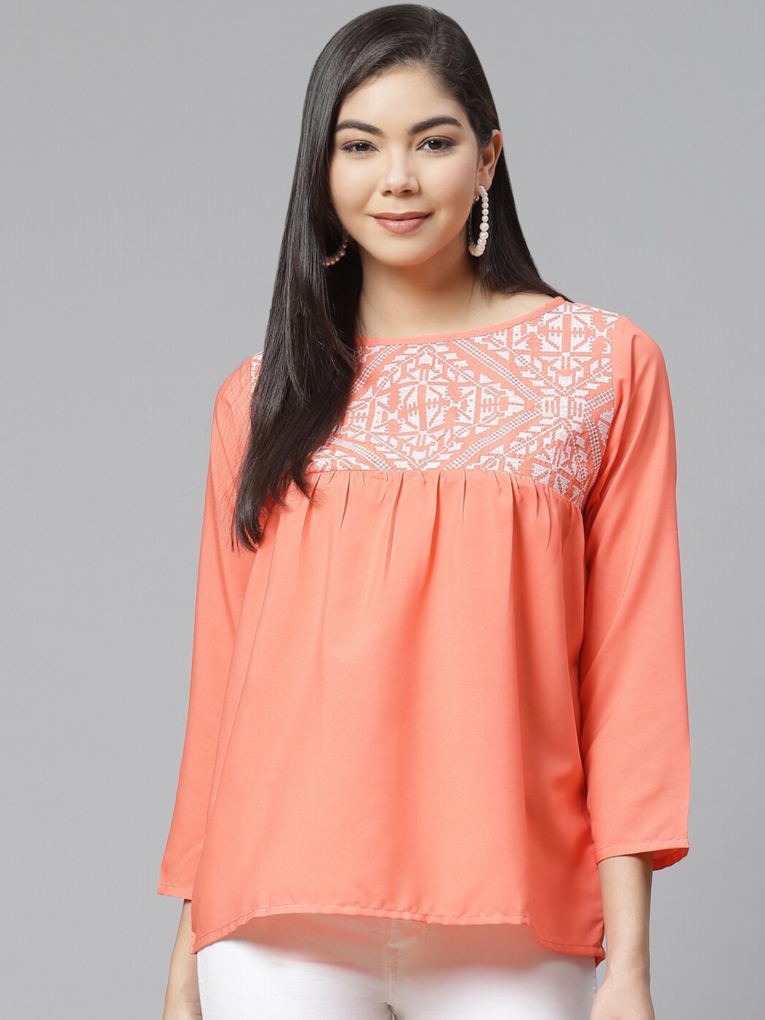 

Ives Geometric Embroidered Crepe Top, Peach