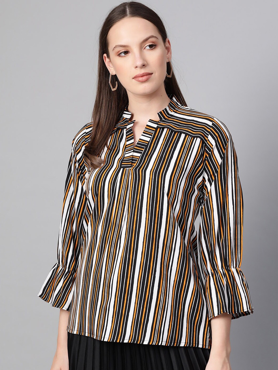

Ives Striped Mandarin Collar Crepe Top, White