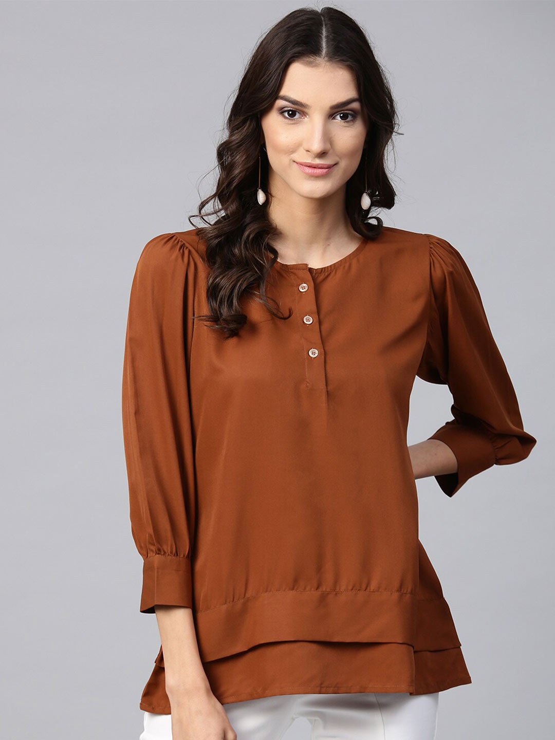 

Ives Three Quarter Puff Sleeves Crepe Top, Brown