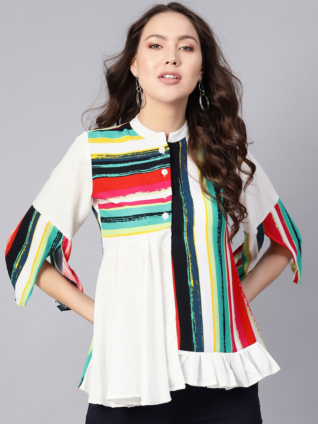 

Ives Striped Mandarin Collar Crepe Top, White