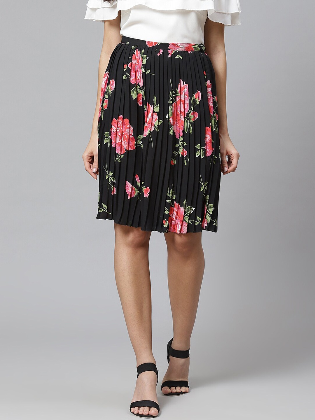 

Ives Printed Accordion Pleated Flared A-Line Skirt, Black
