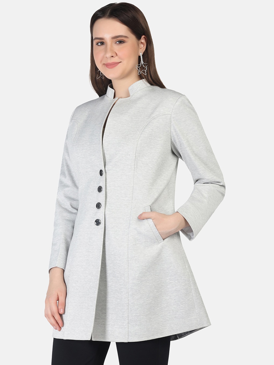 

FUTURO Mandarin Collar Open Front Blazer, Grey