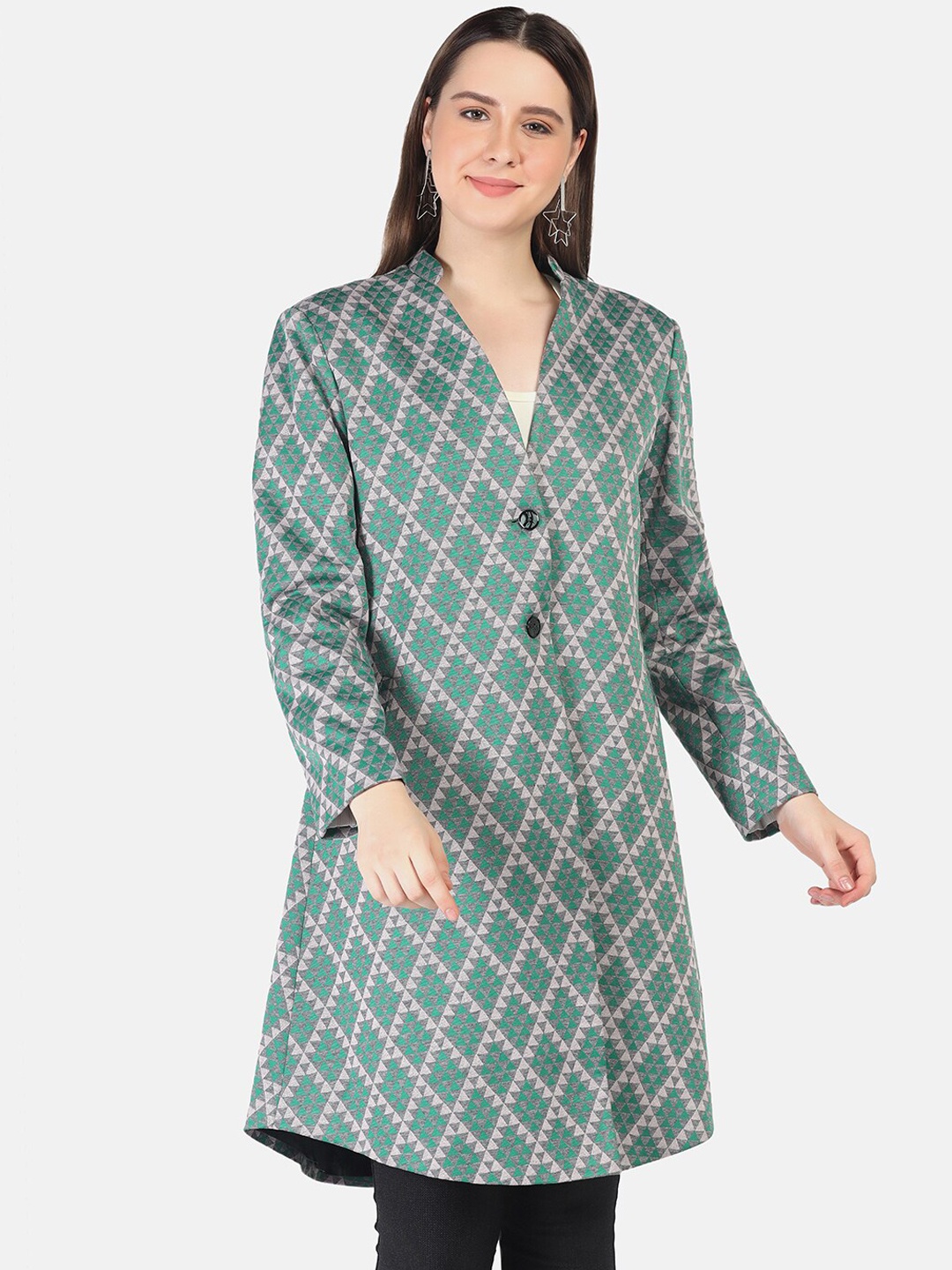 

FUTURO Mandarin Collar Geometric Printed Coat, Green
