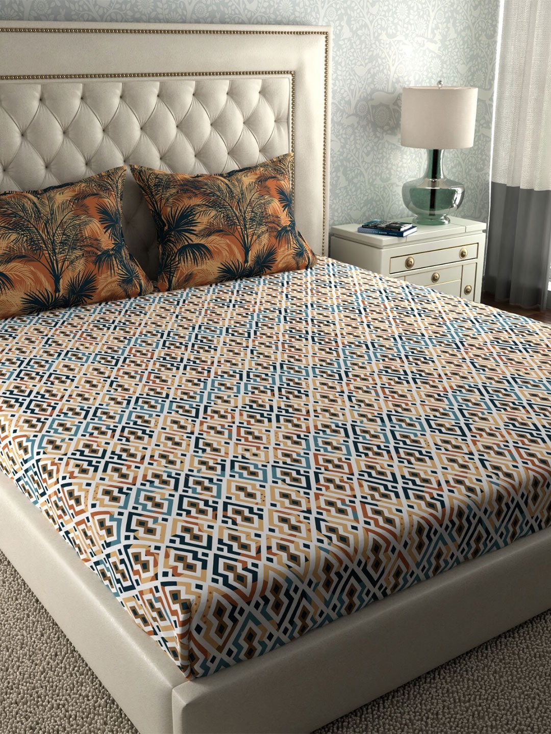 

MYTRIDENT Orange White Geometric 120 TC Cotton Queen Bedsheet with 2 Pillow Covers