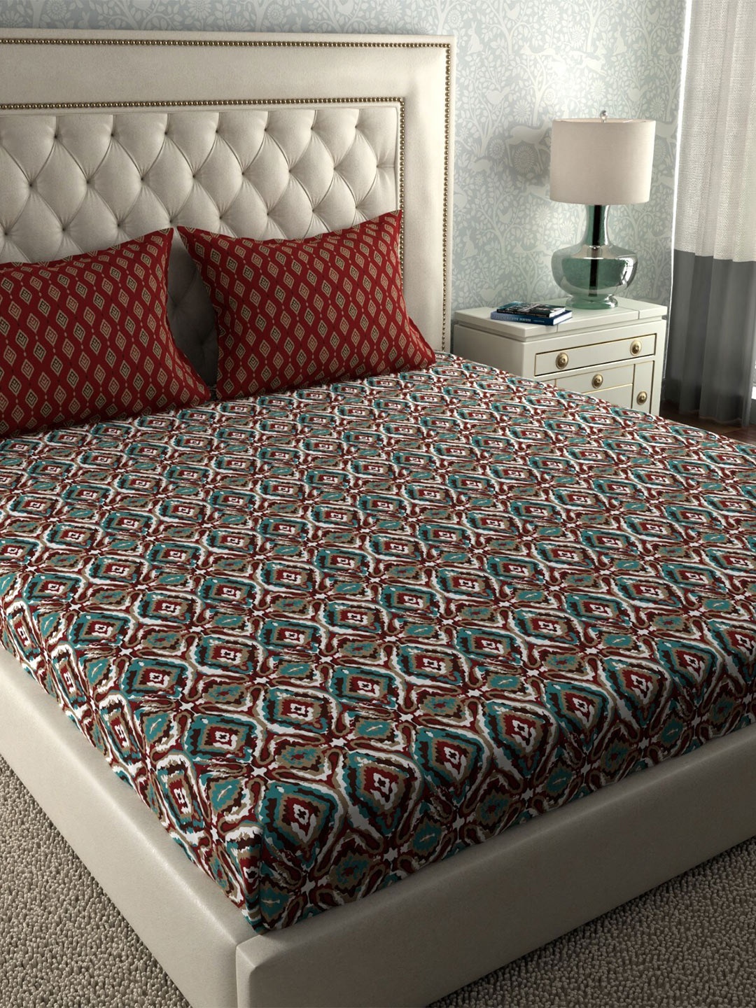 

Trident Maroon & Brown Geometric 120 TC Cotton Queen Bedsheet with 2 Pillow Covers