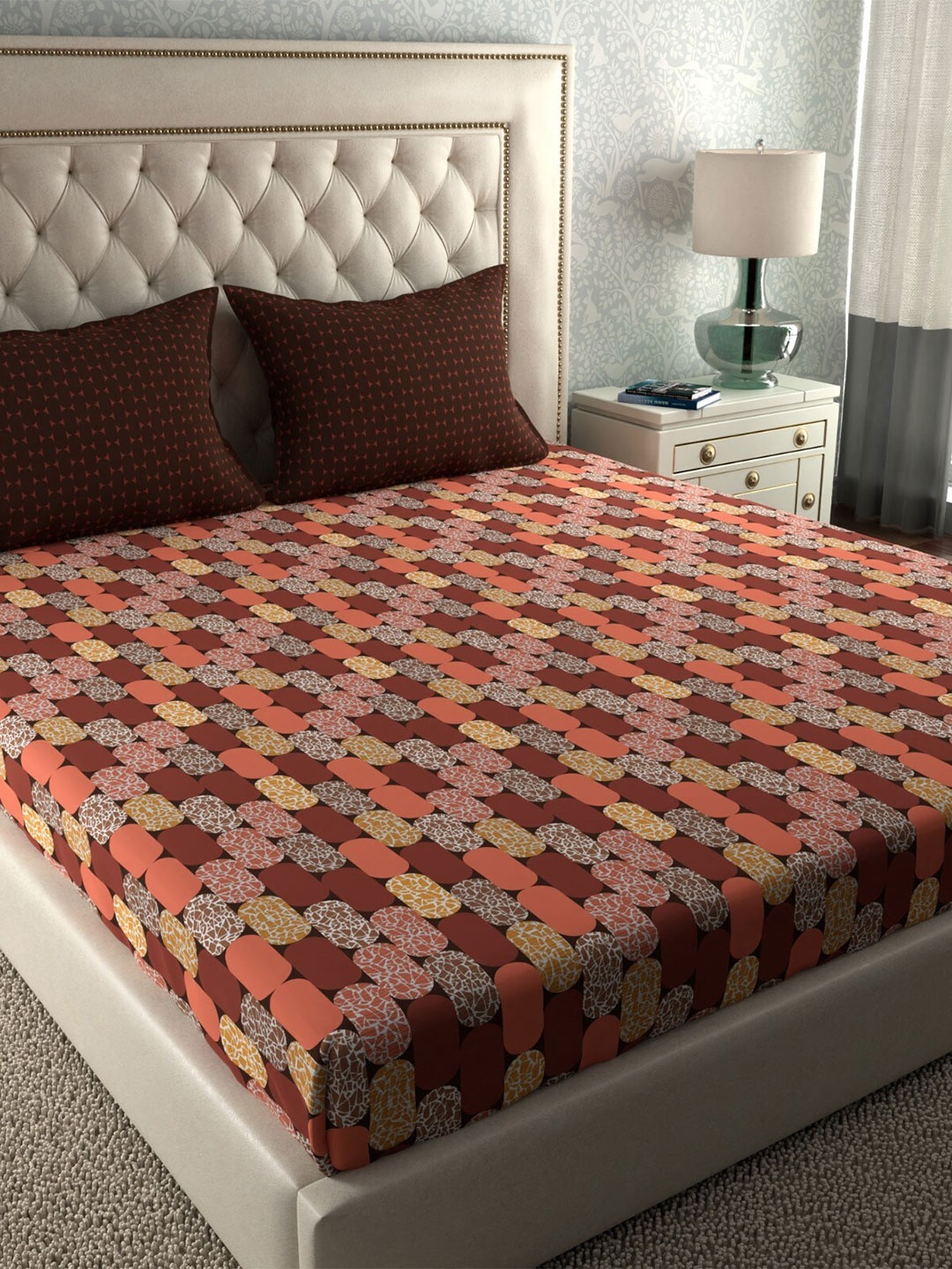 

Trident Simply Modern Geometric 120 TC Cotton Queen Bedsheet with 2 Pillow Covers, Brown