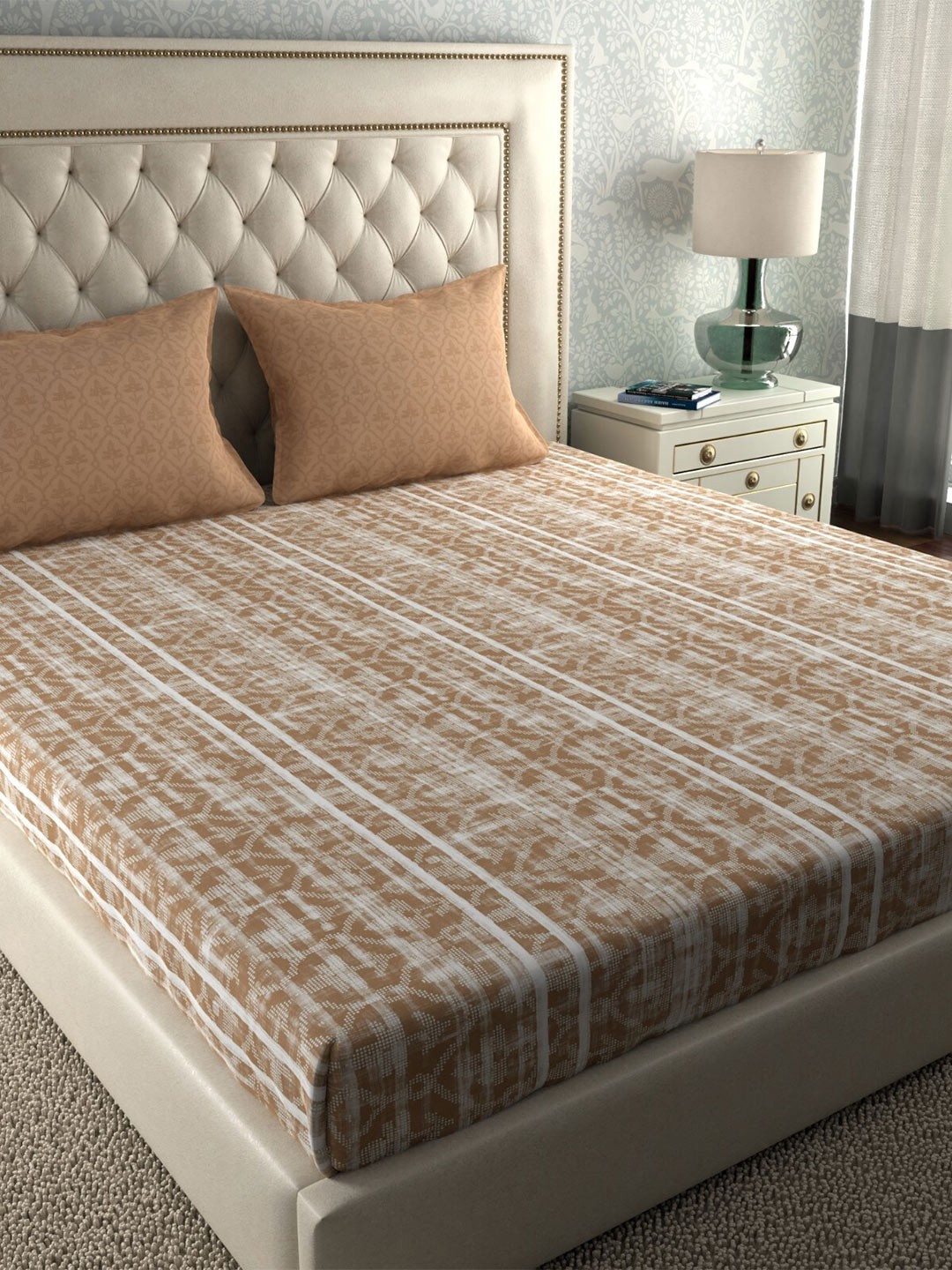 

MYTRIDENT Brown White Geometric 120 TC Cotton Queen Bedsheet with 2 Pillow Covers