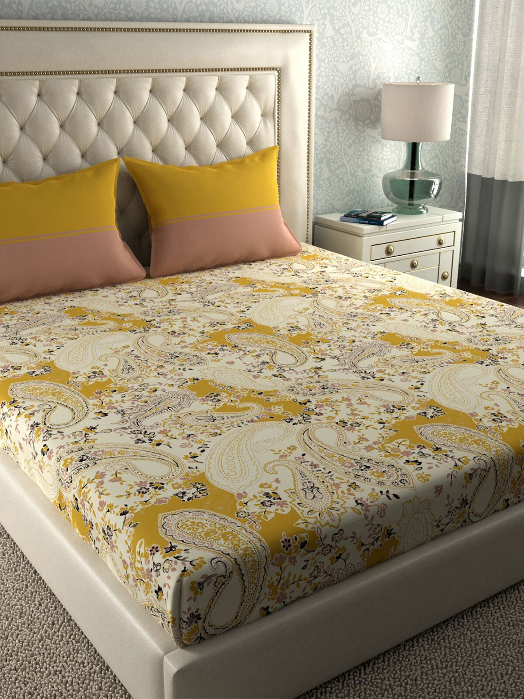 

MYTRIDENT Simply Modern Ethnic Motifs 120 TC Cotton Queen Bedsheet with 2 Pillow Covers, Yellow
