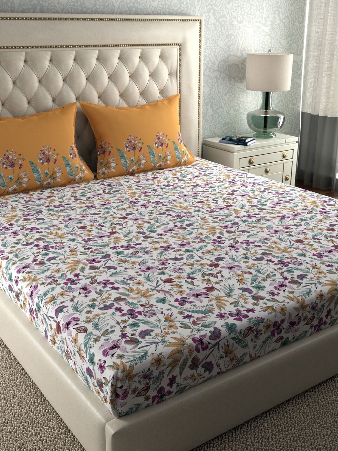 

MYTRIDENT White Yellow Floral 120 TC Cotton Queen Bedsheet with 2 Pillow Covers