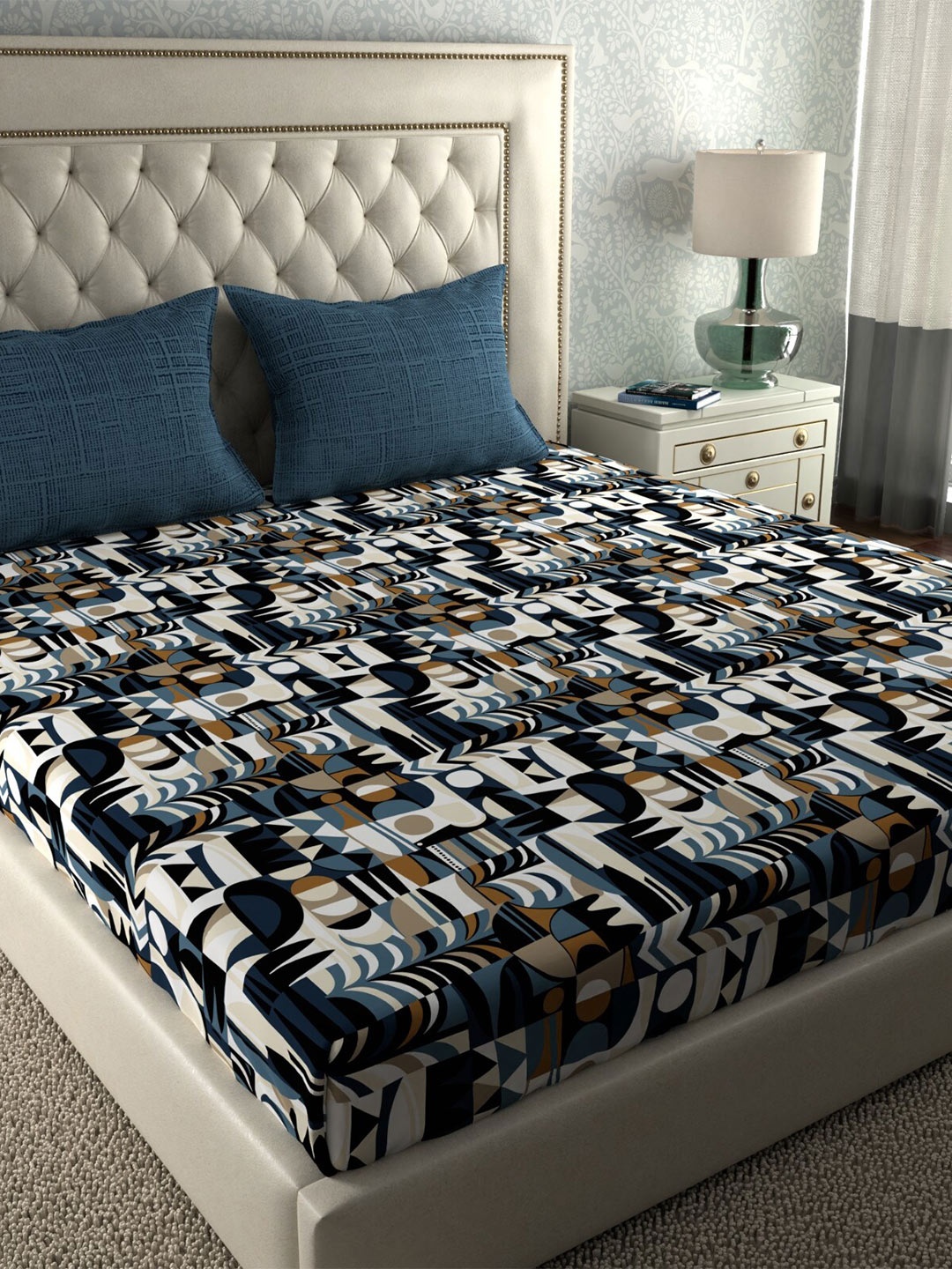 

MYTRIDENT Blue White 120 TC Cotton Queen Bedsheet with 2 Pillow Covers