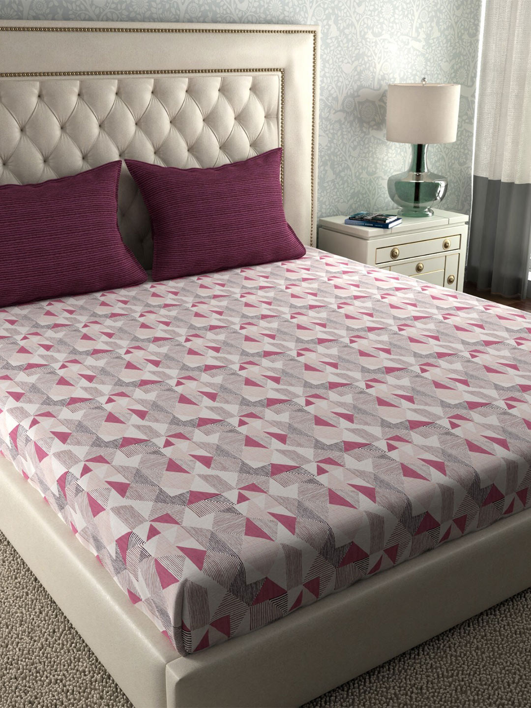 

Trident Simply Modern Geometric 120 TC Cotton Queen Bedsheet with 2 Pillow Covers, Pink