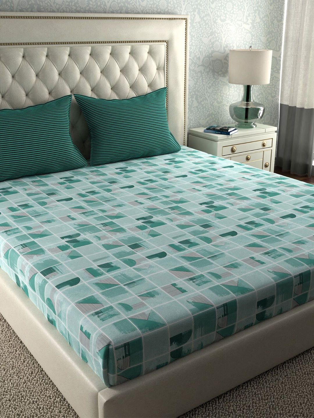 

MYTRIDENT Simply Modern Geometric 120 TC Cotton Queen Bedsheet with 2 Pillow Covers, Blue