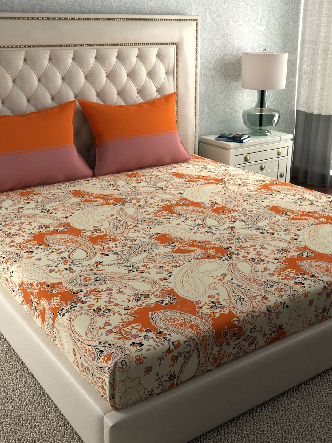 

MYTRIDENT White Orange Ethnic Motifs 120 TC Cotton Queen Bedsheet with 2 Pillow Covers