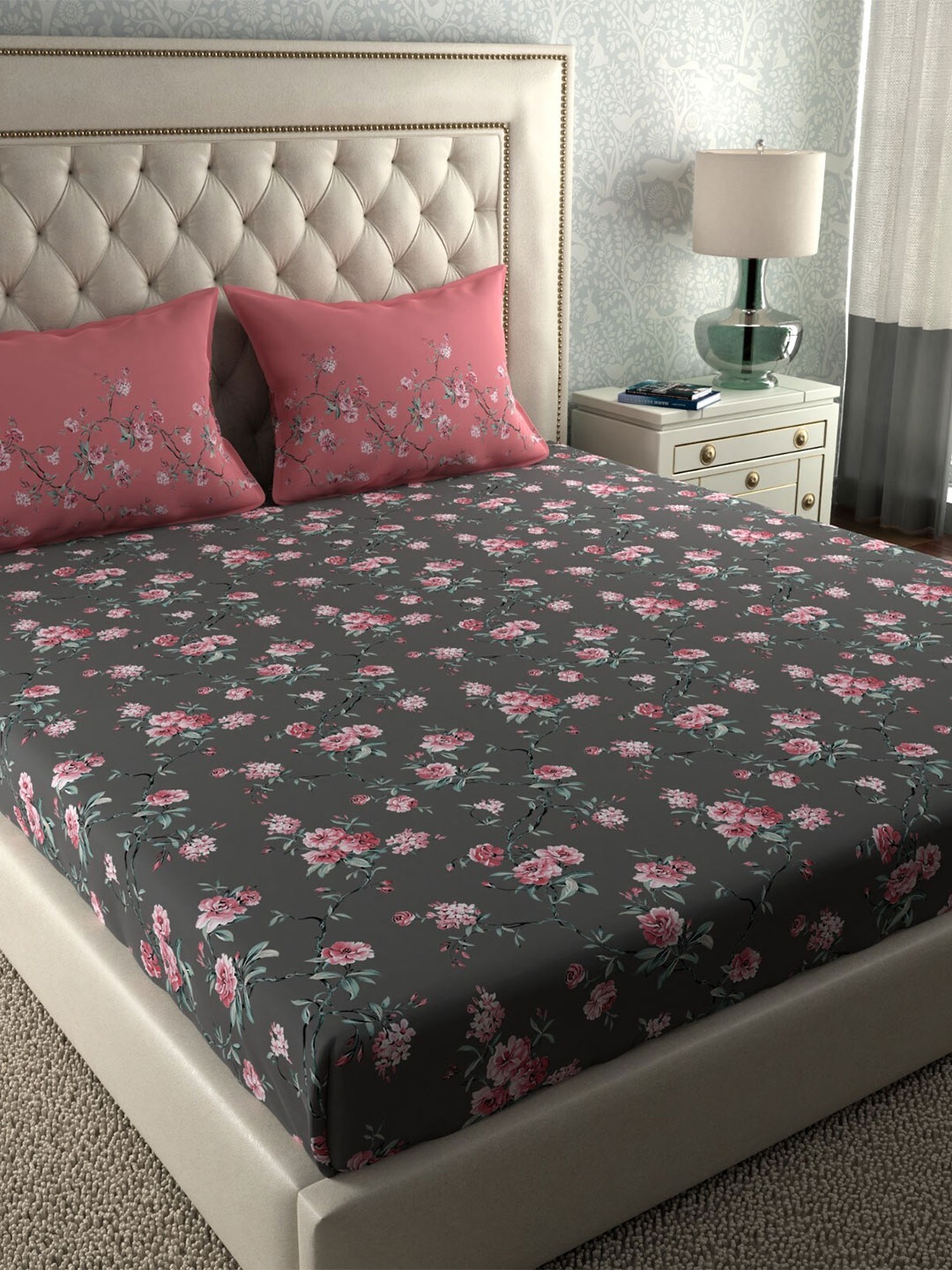 

MYTRIDENT Grey Pink Floral 120 TC Cotton Queen Bedsheet with 2 Pillow Covers