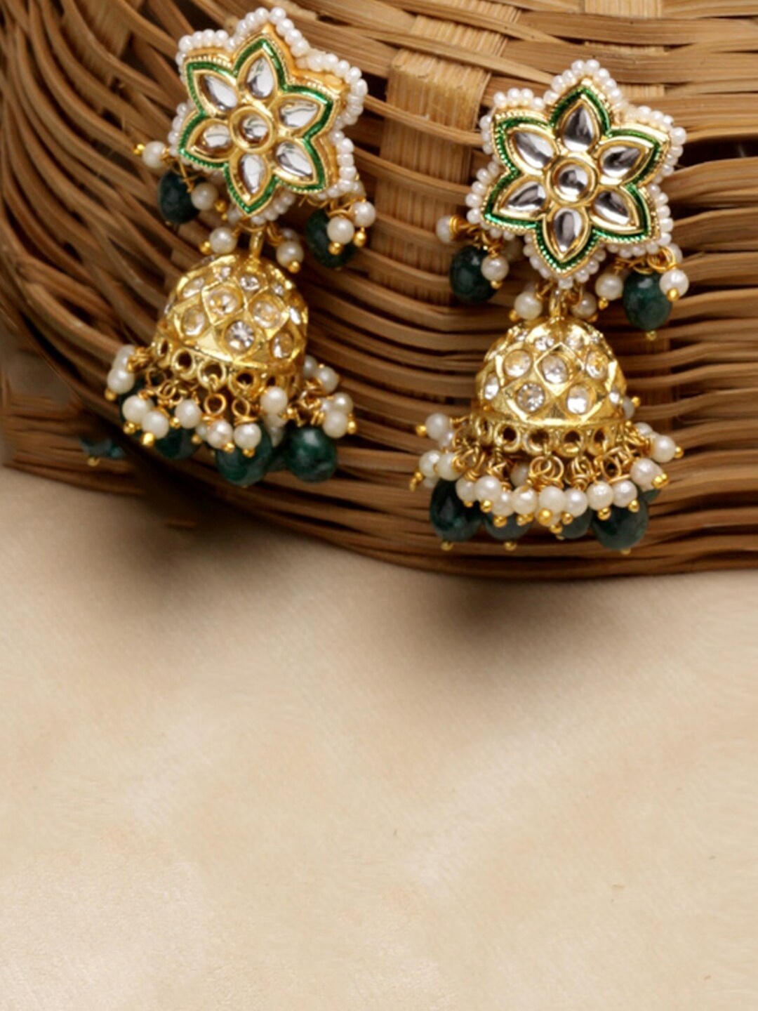 

DUGRISTYLE Green Dome Shaped Gold Plated Jhumkas Earrings