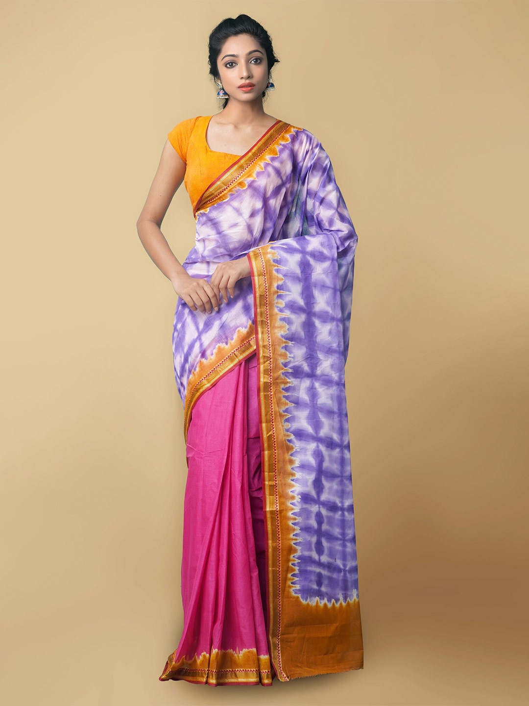 

Unnati Silks Blue & Pink Tie and Dye Pure Cotton Leheriya Saree