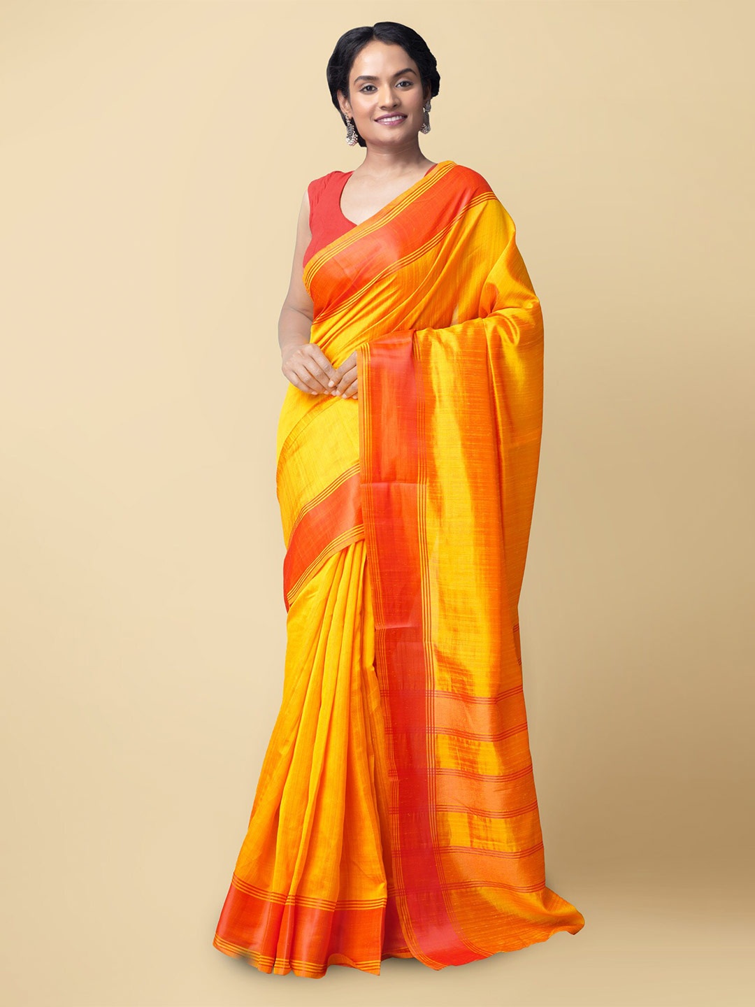

Unnati Silks Orange & Yellow Art Silk Mysore Silk Saree