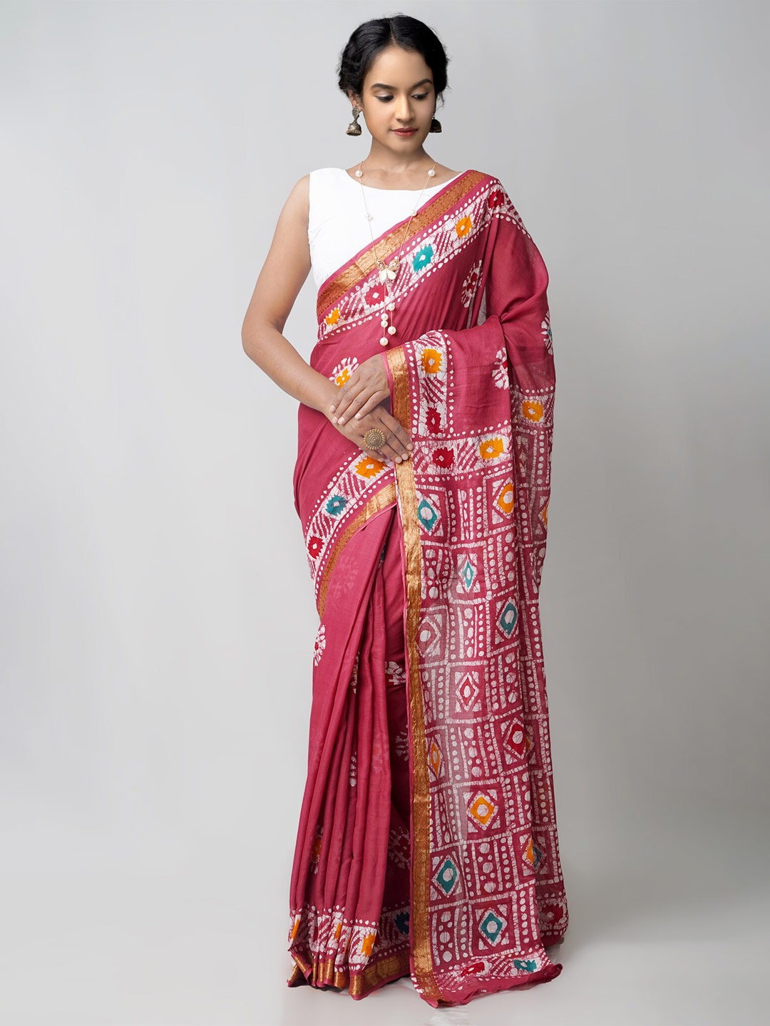 

Unnati Silks Pink & White Batik Zari Pure Cotton Patola Saree