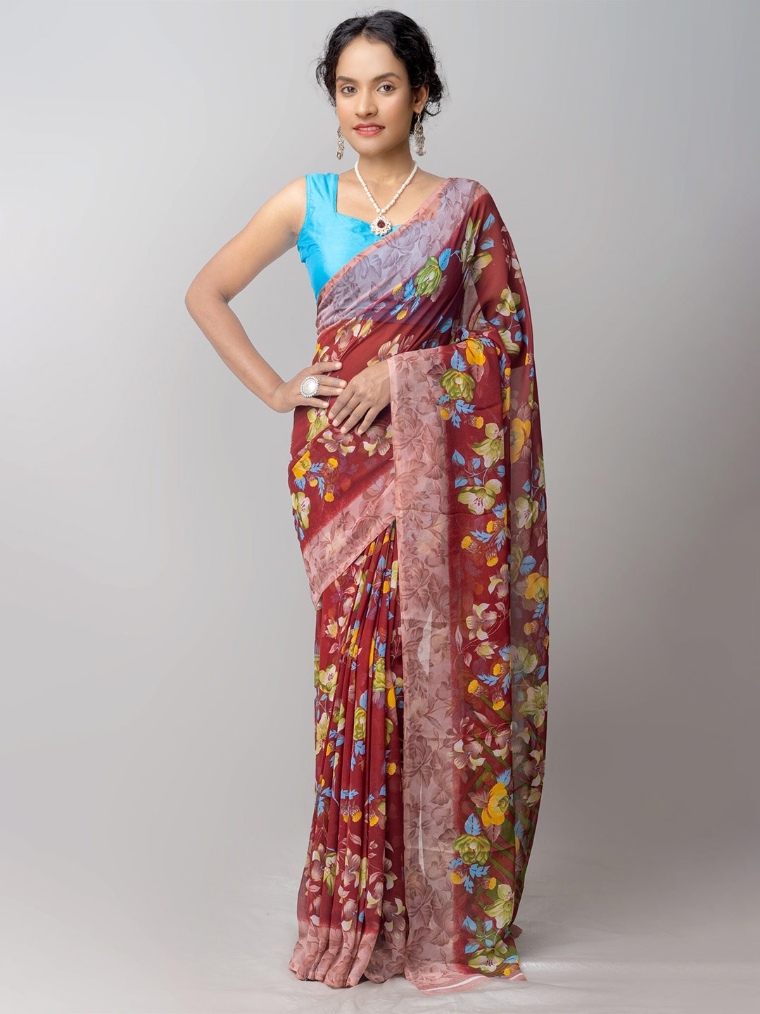 

Unnati Silks Maroon & Yellow Floral Block Print Saree