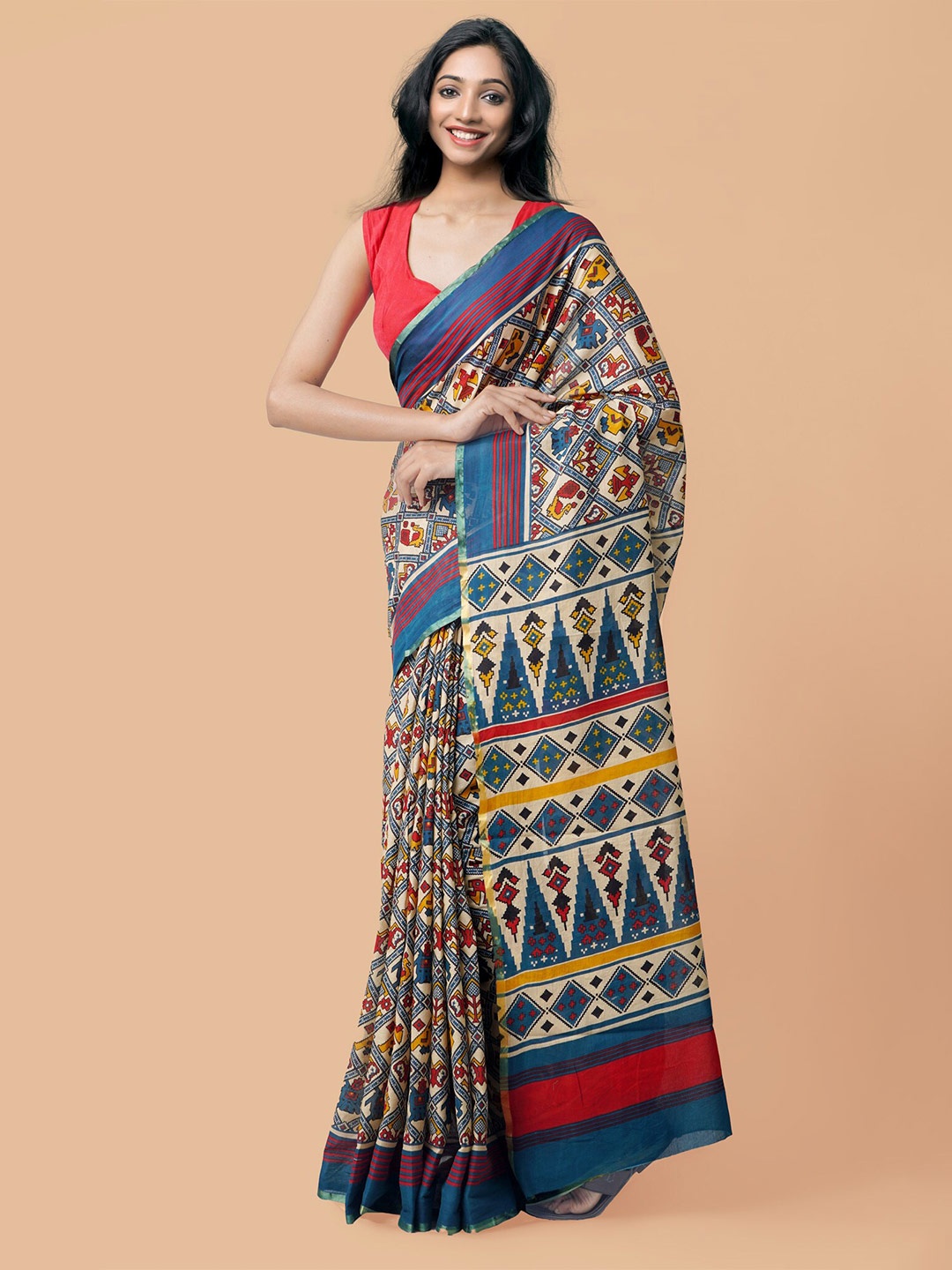 

Unnati Silks Blue & Off White Ethnic Motifs Pure Cotton Patola Saree