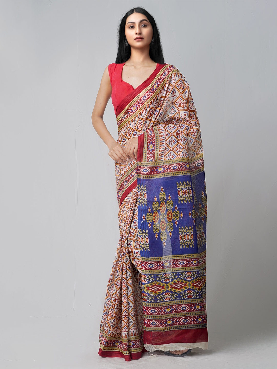 

Unnati Silks Red & Blue Ethnic Motifs Pure Cotton Block Print Saree