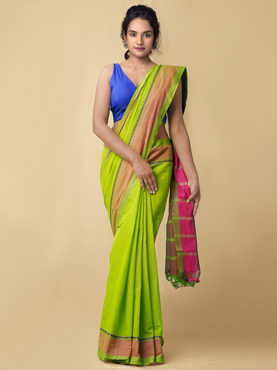 

Unnati Silks Green & Blue Pure Cotton Mangalagiri Saree