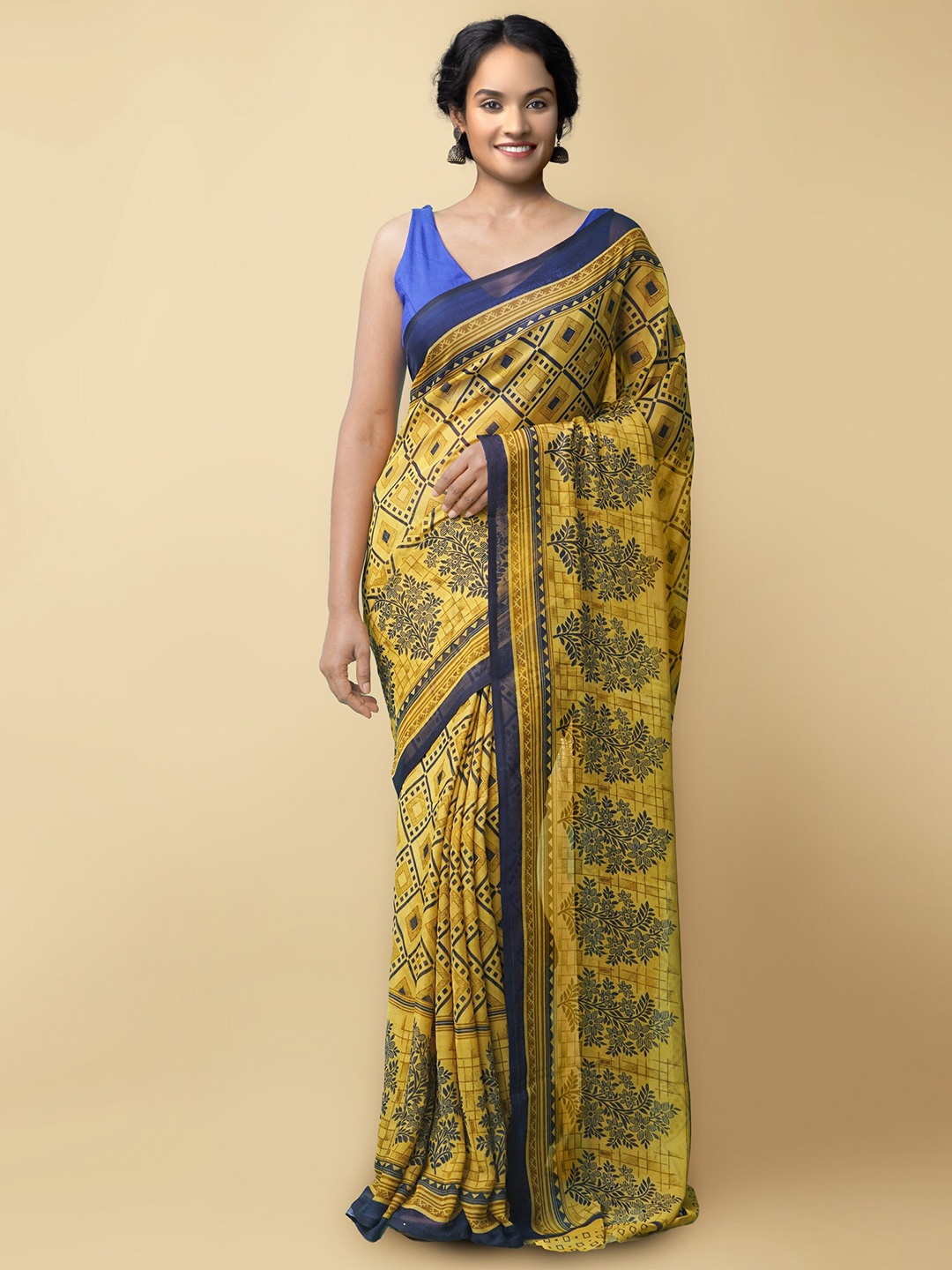 

Unnati Silks Ethnic Motifs Block Printed Saree, Yellow