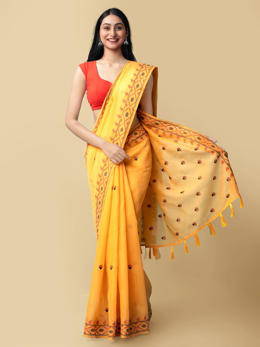 

Unnati Silks Floral Printed Silk Cotton Bhagalpuri Saree, Orange