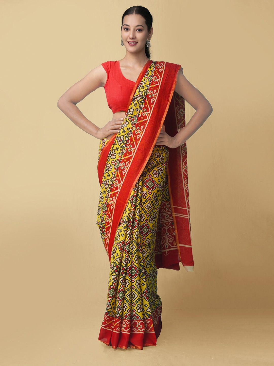 

Unnati Silks Ajrak Block Printed Pure Cotton Patola Saree, Yellow