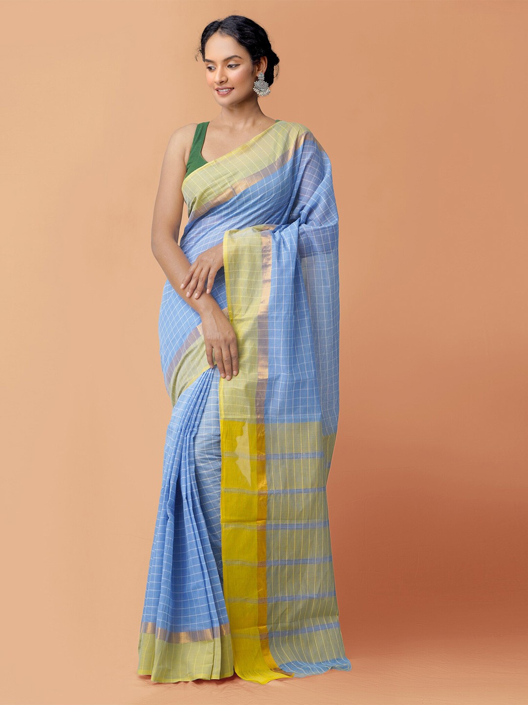 

Unnati Silks Checked Pure Cotton Mangalagiri Saree, Blue