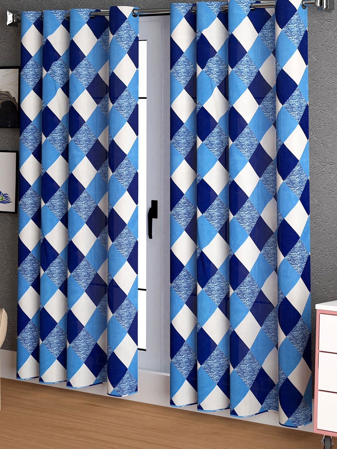 

Urban Magic Blue & White Set of 2 Geometric Room Darkening Long Door Curtain