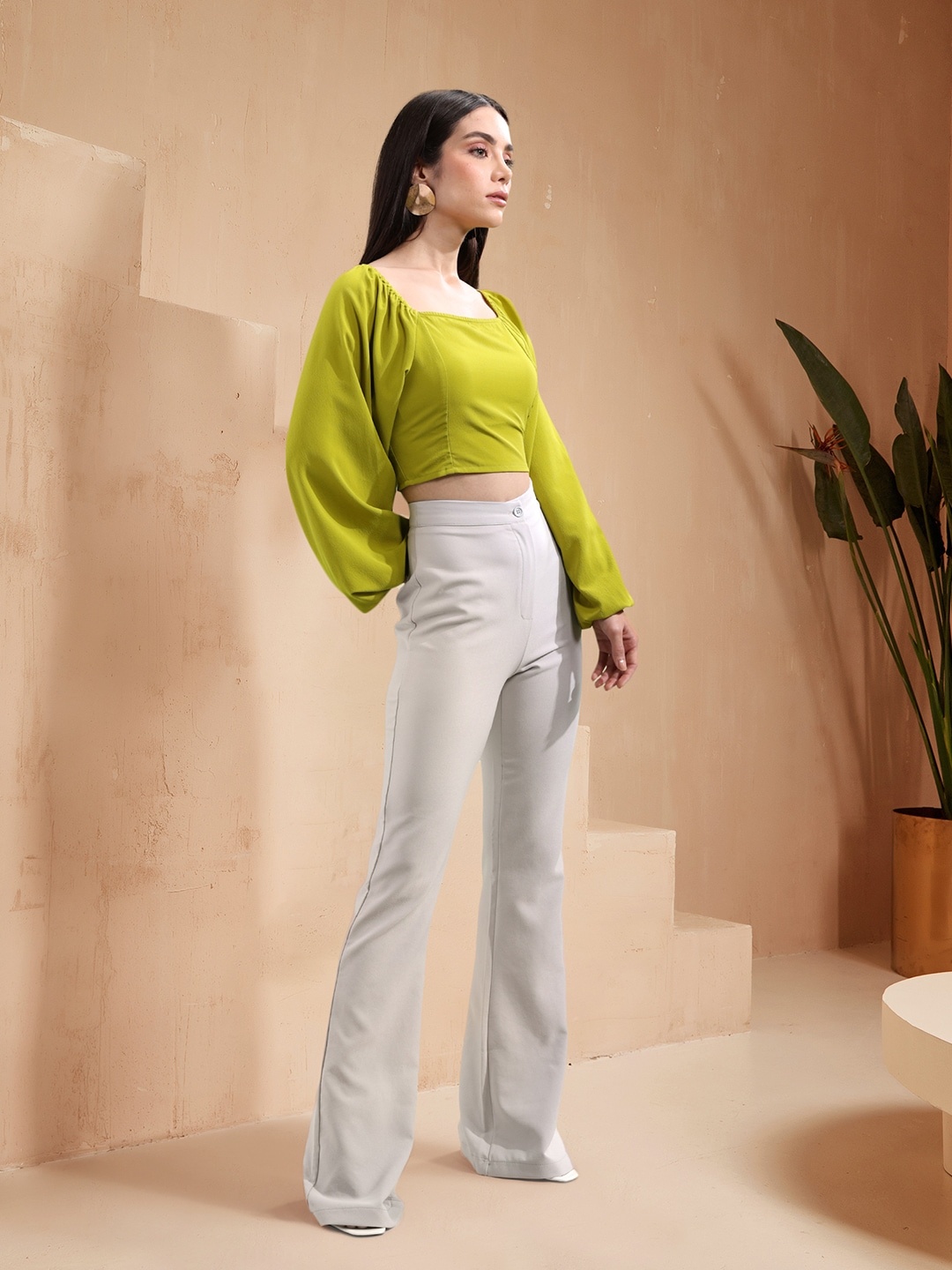 

all about you Pear Green Bishop Sleeves Smocked 90's Hollaback Neck It Is Crop Top