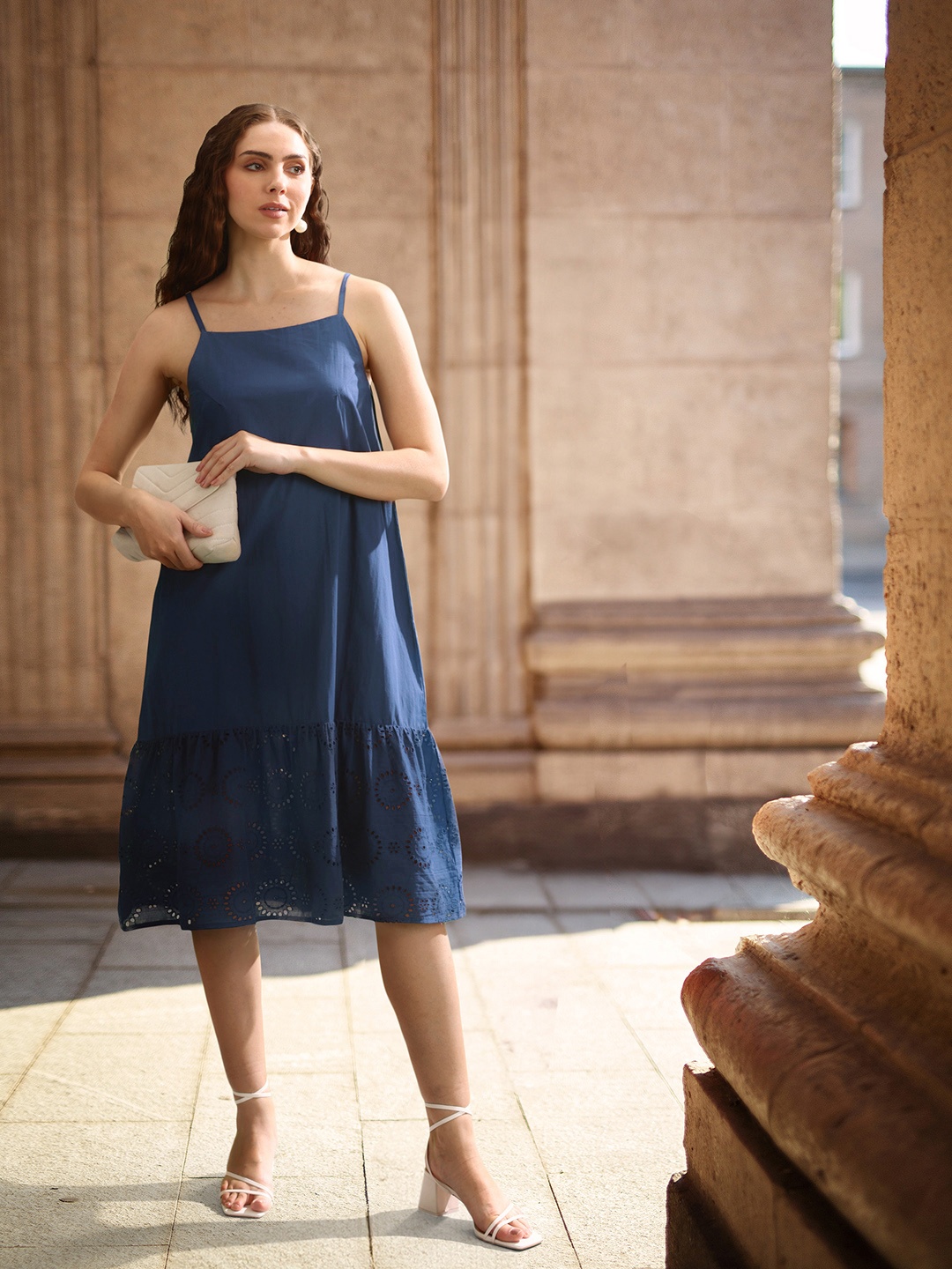 

all about you Schiffli Embroidered Pure Cotton A-Line Midi Dress, Navy blue