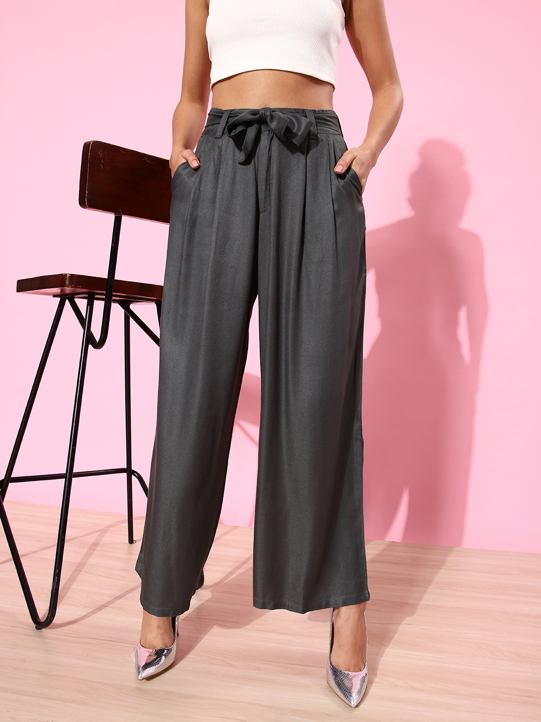 

all about you Women Deep Charcoal Grey Wide Legs & Flared Chinos Trousers